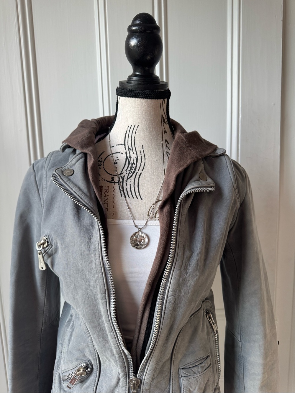 Doma Grey Leather Biker Jacket With Hood